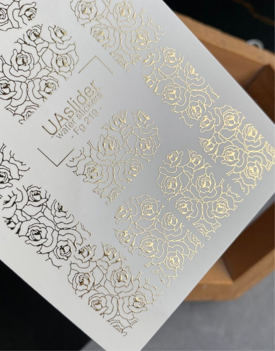 Slider-Design Fg 219 | Wasser-Decals für Nägel | Rosenmuster mit Goldfolie