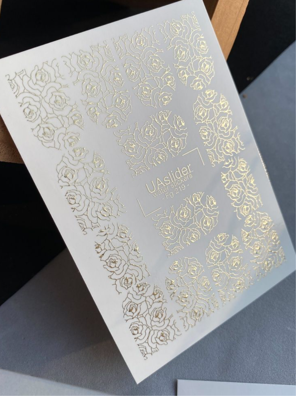 Slider-Design Fg 219 | Wasser-Decals für Nägel | Rosenmuster mit Goldfolie