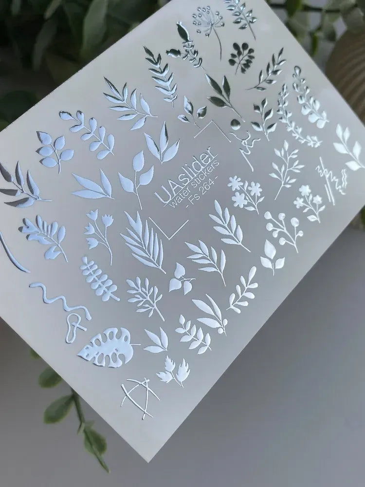 Slider-Design FS 264 | Wasser-Decals mit Silberfolie | Botanische Blätter & Feine Akzente
