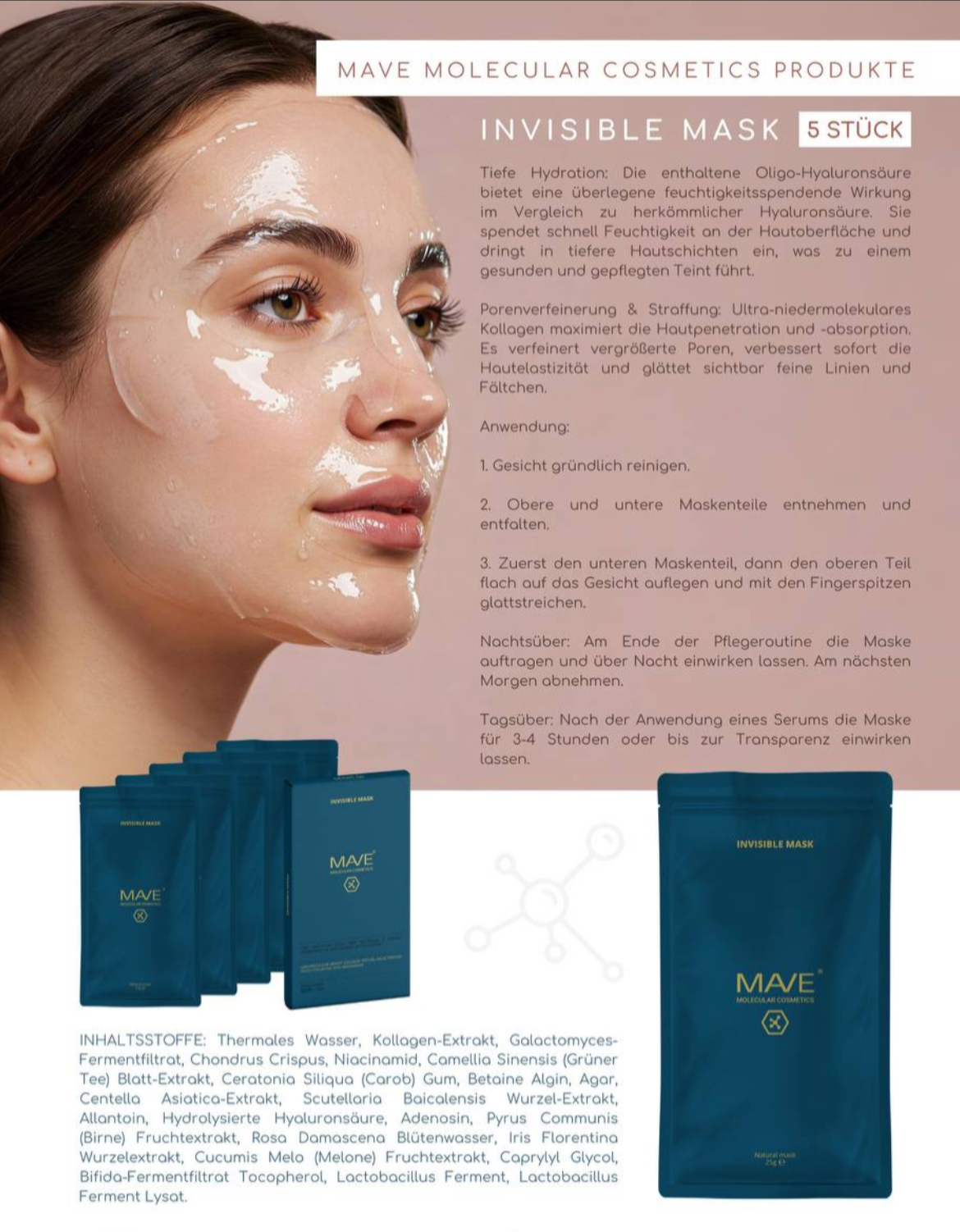 Invisible Mask – 5 Stück
Intensive Feuchtigkeit, verfeinerte Poren & glatte Haut dank Oligo-Hyaluronsäure, Kollagen & Probiotika. Hypoallergen und perfekt für empfindliche Haut.