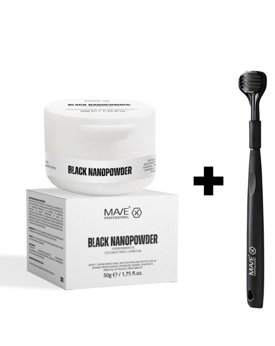 MAVE BLACK NANOPOWDER + NANO360 ZAHNBÜRSTE
Professionelle Zahnaufhellung & Rundum-Frische im Set