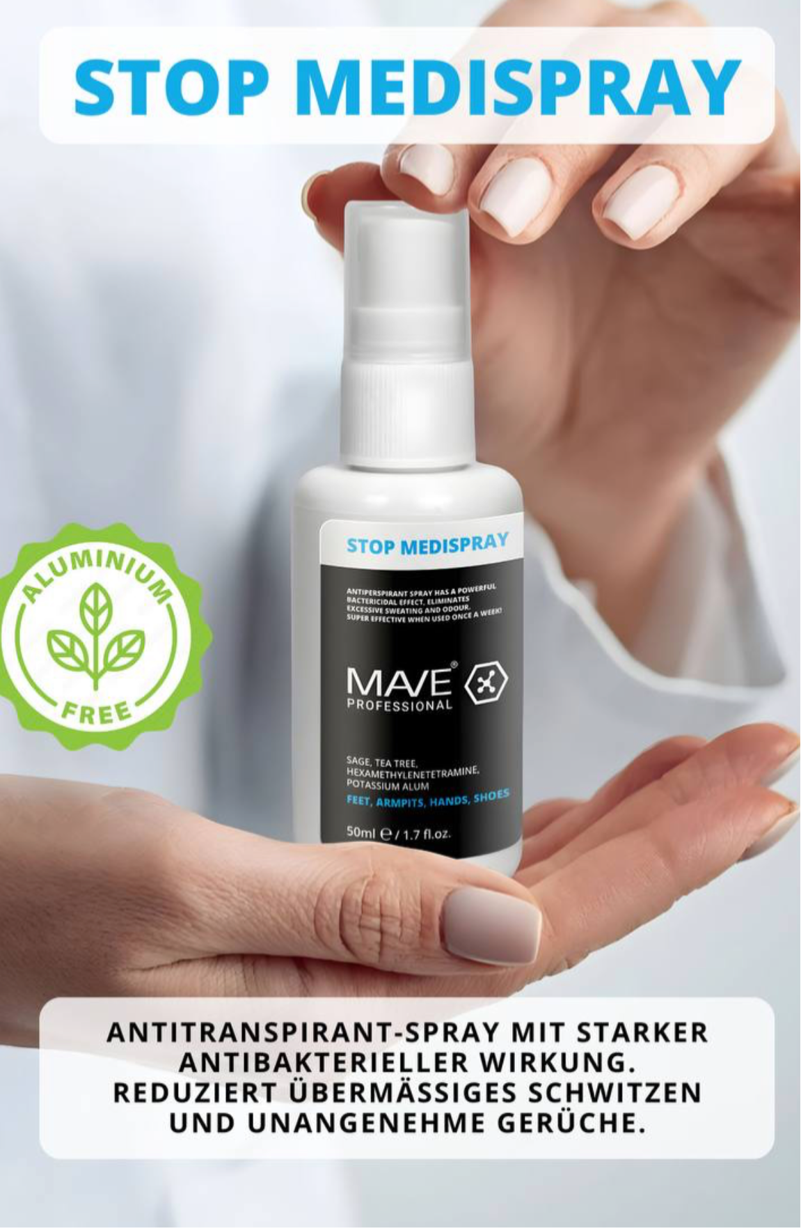 STOP MEDISPRAY, 50 ml
Antitranspirant-Spray mit starker antibakterieller Wirkung. Reduziert übermäßiges Schwitzen und unangenehme Gerüche bereits nach wenigen Anwendungen. Besonders effektiv – eine Anwendung pro Woche genügt.