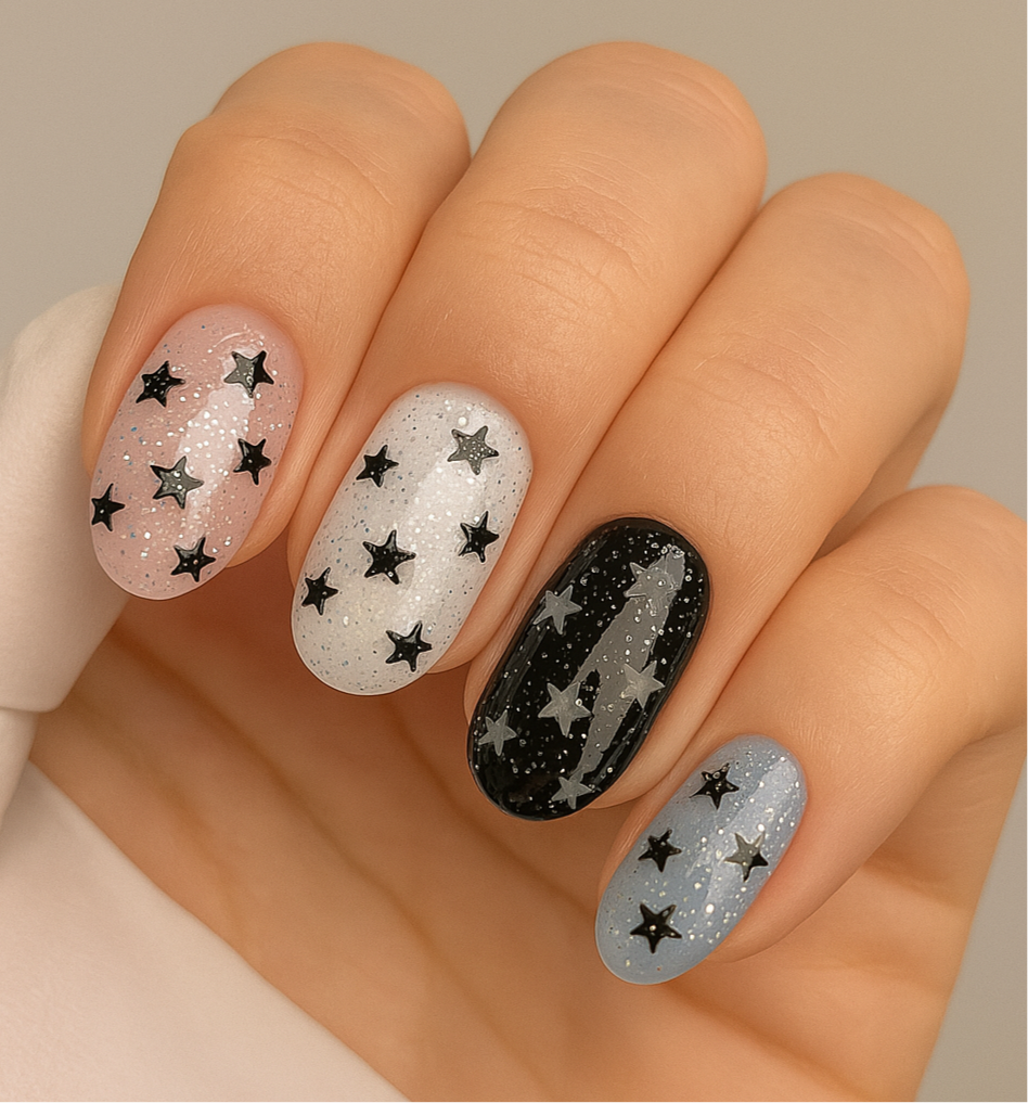 NAILSOFTHEDAY Party Top 05 – Glänzendes Finish mit schwarzen und weißen Sternen (ohne Schwitzschicht), 10 ml