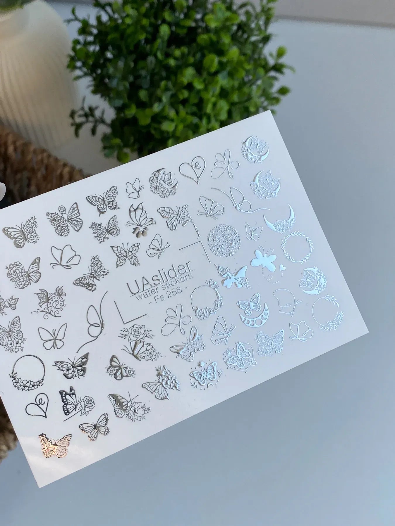 Slider-Design FS 258 | Wasser-Decals mit Silberfolie | Schmetterlinge & filigrane Ornamente