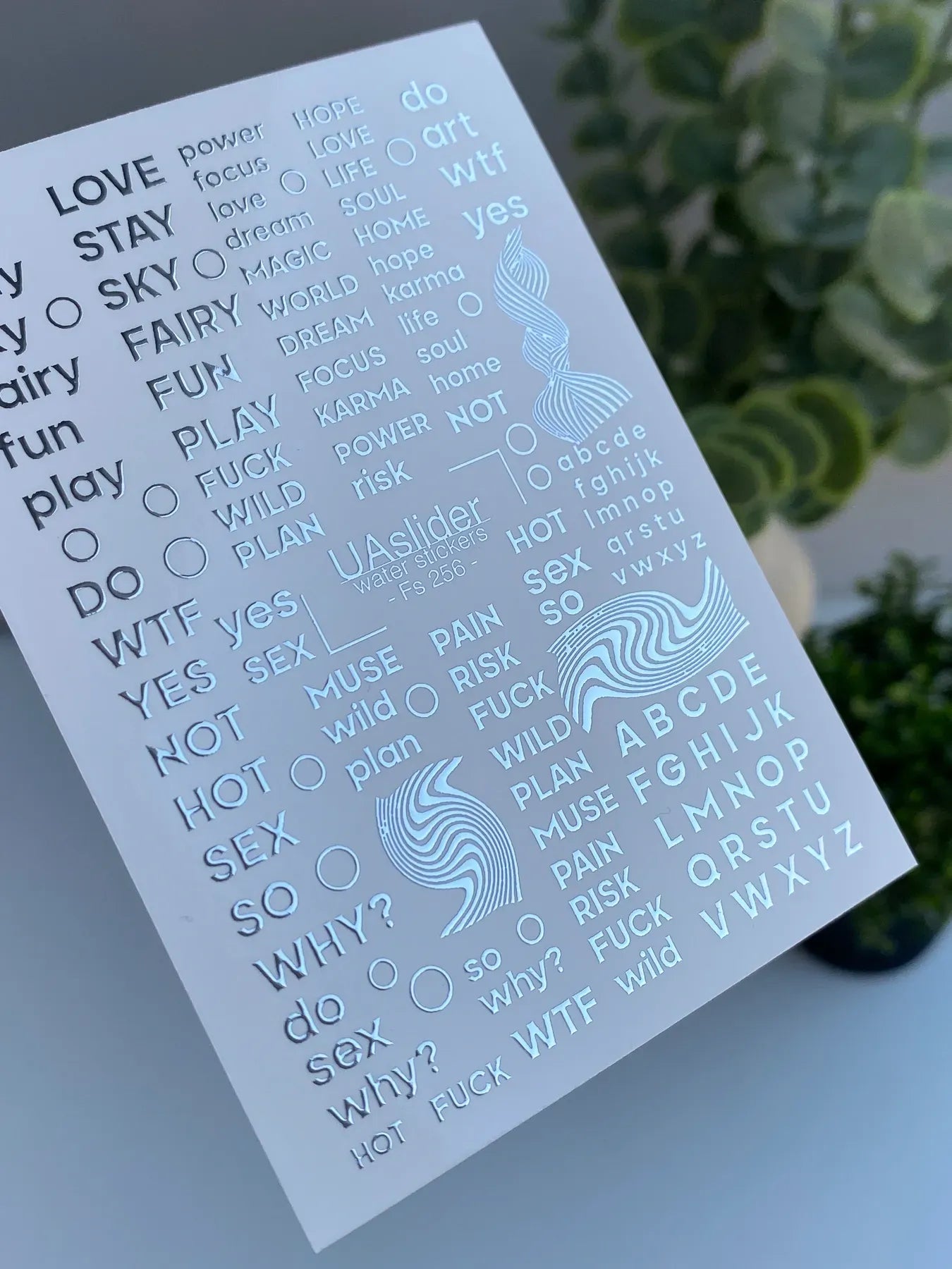 Slider-Design FS 256 | Wasser-Decals mit Silberfolie | Typografie & Statement-Words