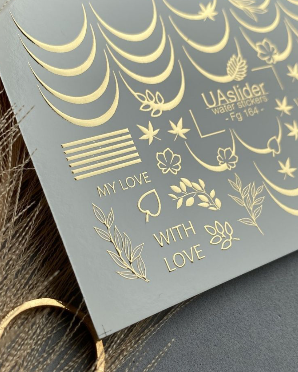 Slider-Design Fg 164 | Wasser-Decals mit Goldfolie | French-Linien & Botanische Akzente