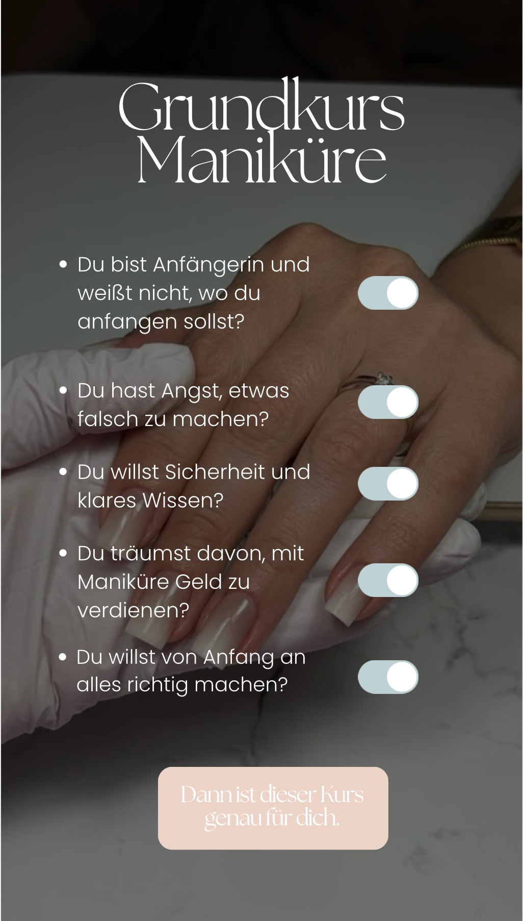 Grundkurs Maniküre – 3 Tage intensives Training für Anfängerinnen
Du möchtest professionell in die Welt der Maniküre einsteigen – sicher, sauber und mit System?
Dann ist dieser Kurs genau für dich!