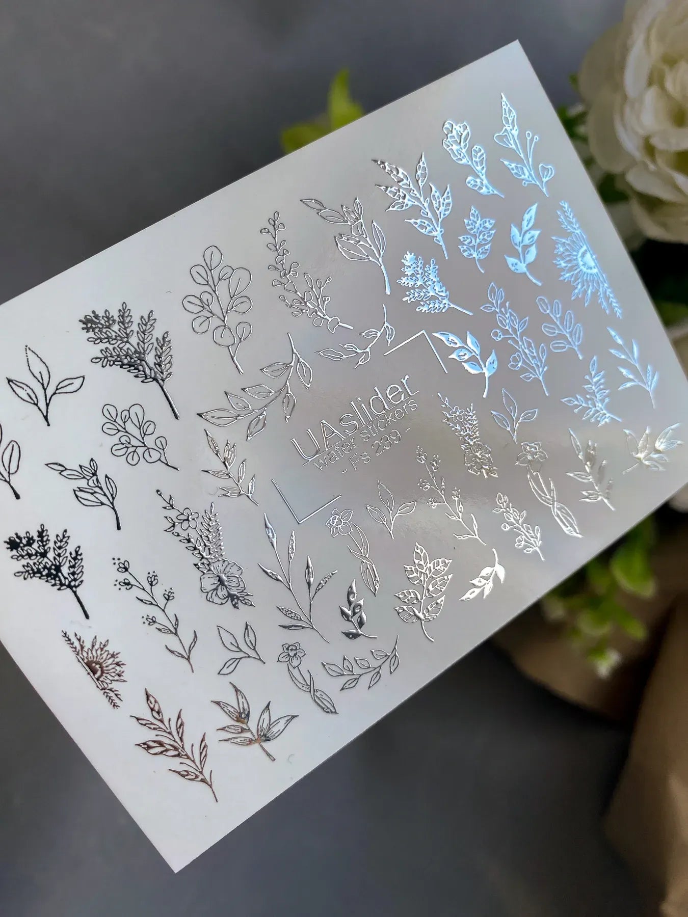 Slider-Design FS 239 | Water Stickers mit Silberfolie | Botanical Minimal