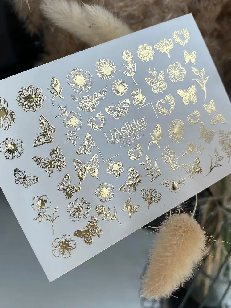 Slider-Design FG 068 | Wasser-Decals mit Goldfolie | Floral & Butterflies
