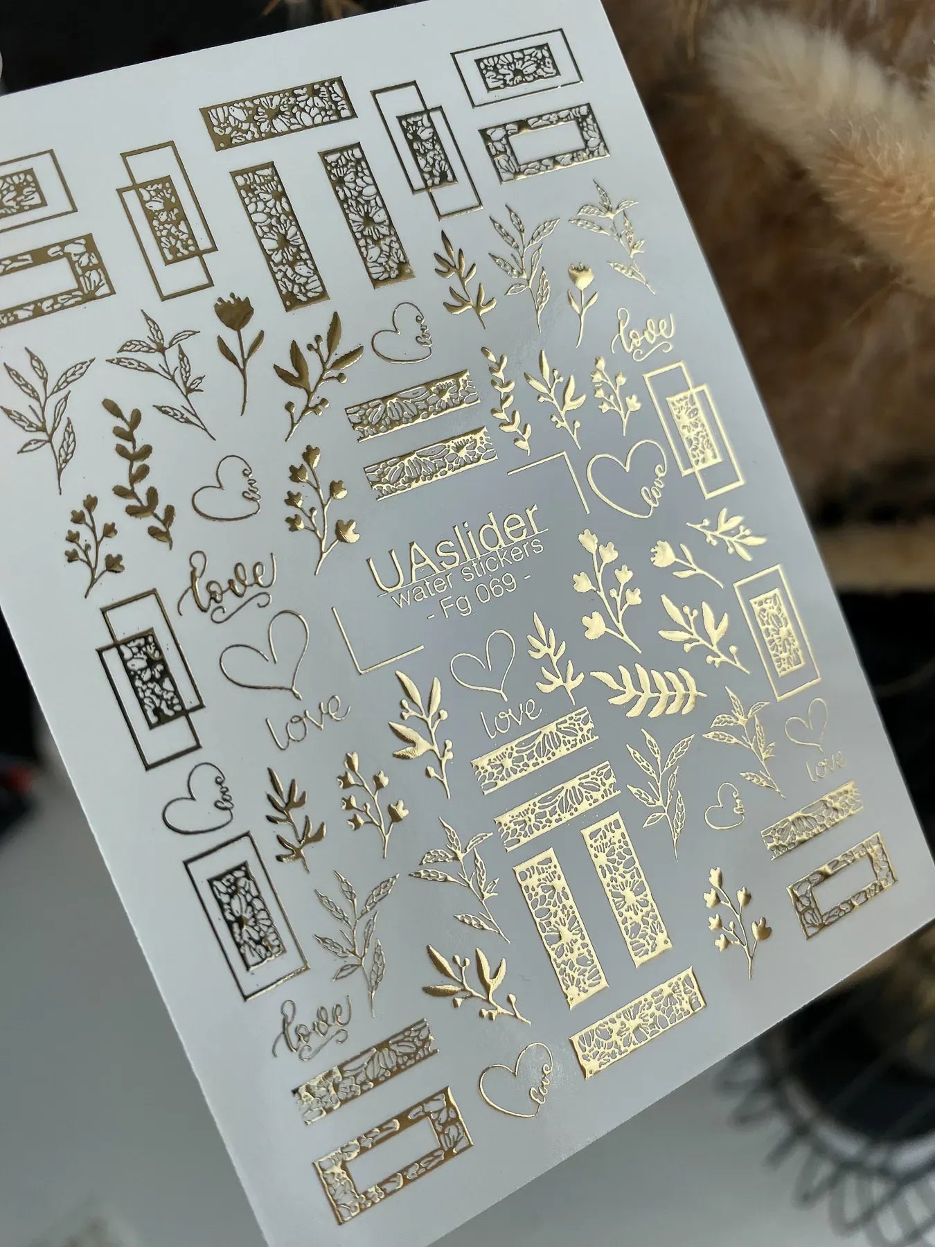 Slider-Design FG 069 | Wasser-Decals mit Goldfolie | Botanical Frames & Love Elements