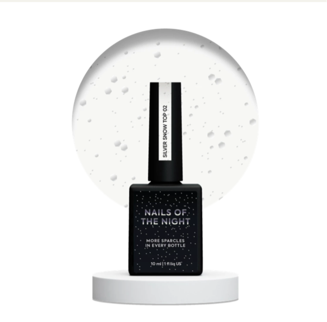 NAILSOFTHENIGHT Silver Snow Top 02 – Finish mit silbernen Hexagon-Partikeln, ohne Schwitzschicht, 10 ml