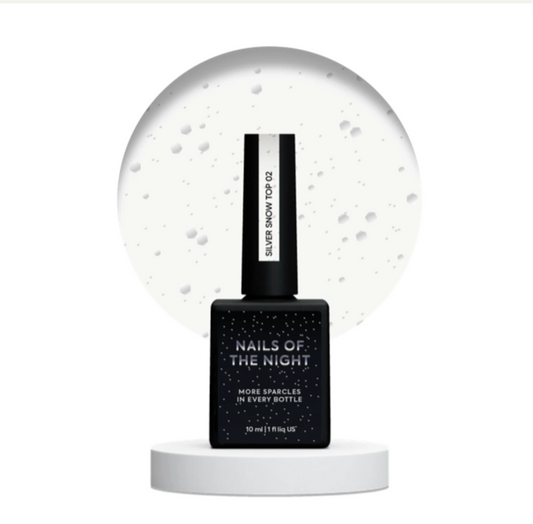NAILSOFTHENIGHT Silver Snow Top 02 – Finish mit silbernen Hexagon-Partikeln, ohne Schwitzschicht, 10 ml