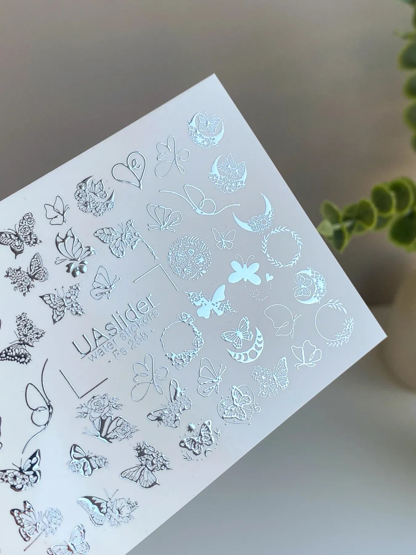 Slider-Design FS 258 | Wasser-Decals mit Silberfolie | Schmetterlinge & filigrane Ornamente