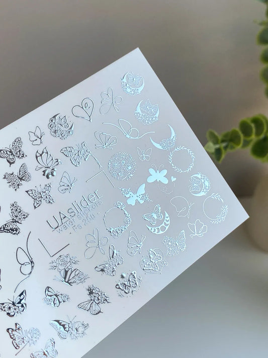 Slider-Design FS 258 | Wasser-Decals mit Silberfolie | Schmetterlinge & filigrane Ornamente