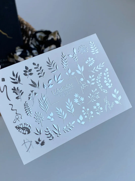 Slider-Design FS 264 | Wasser-Decals mit Silberfolie | Botanische Blätter & Feine Akzente