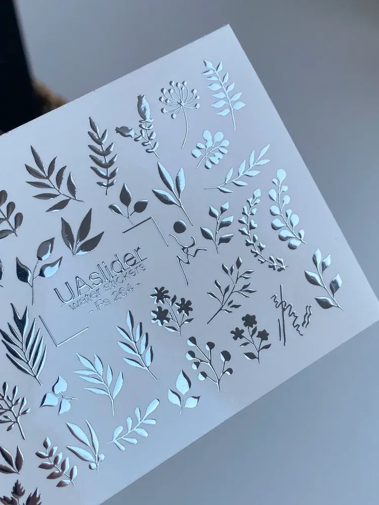 Slider-Design FS 264 | Wasser-Decals mit Silberfolie | Botanische Blätter & Feine Akzente