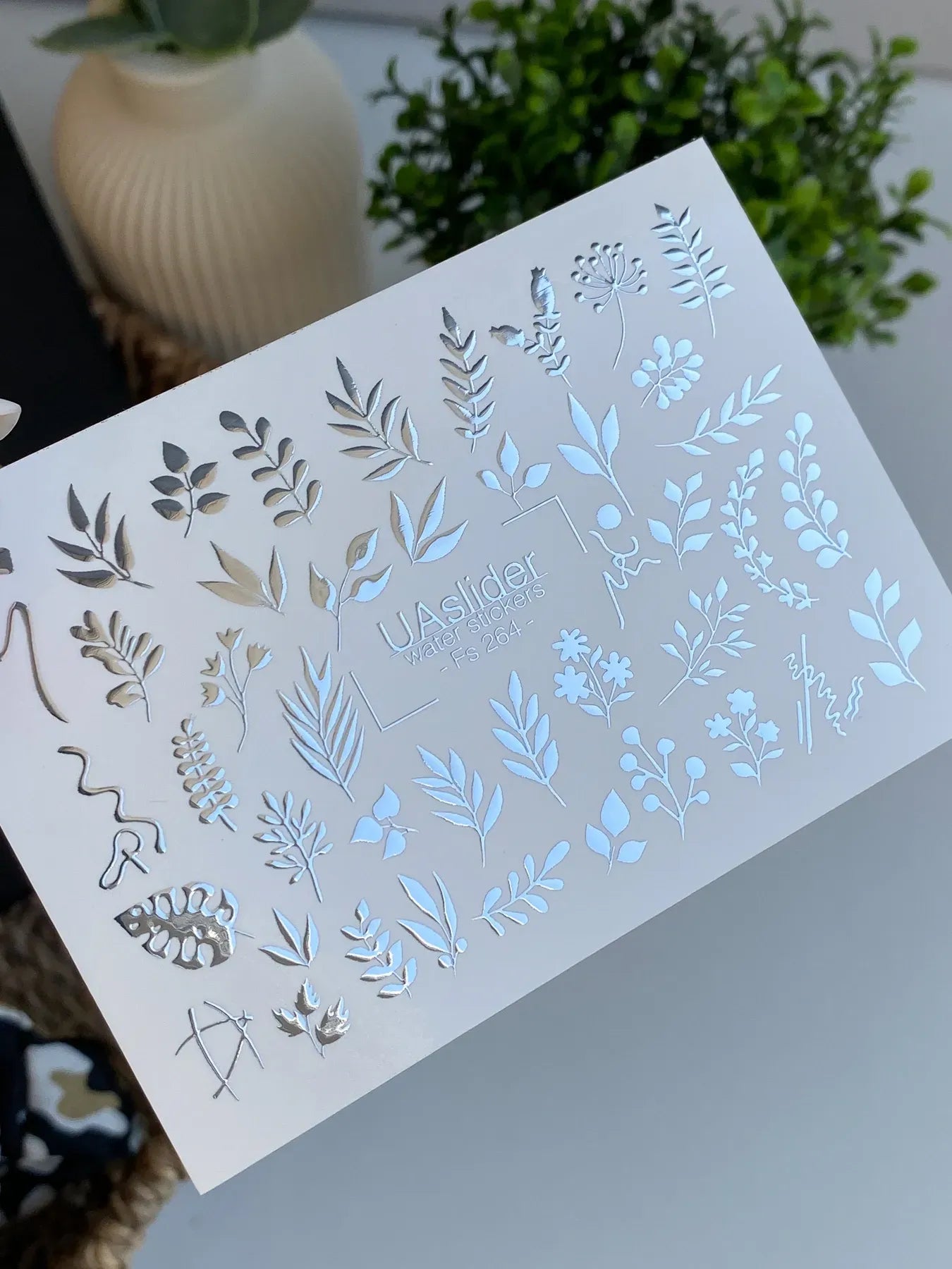 Slider-Design FS 264 | Wasser-Decals mit Silberfolie | Botanische Blätter & Feine Akzente