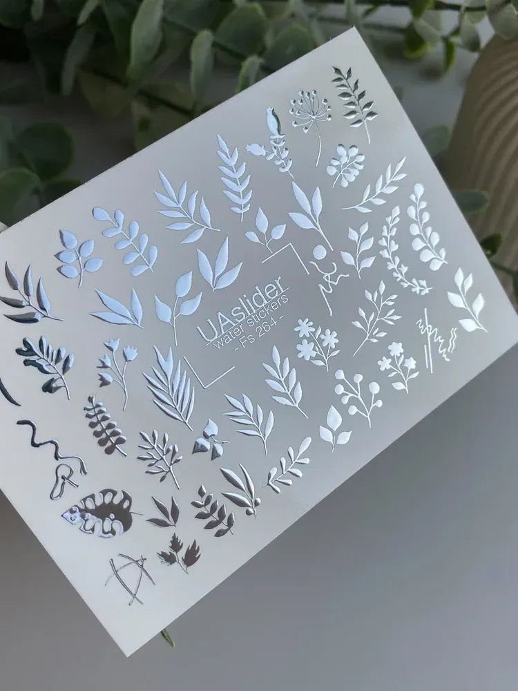 Slider-Design FS 264 | Wasser-Decals mit Silberfolie | Botanische Blätter & Feine Akzente