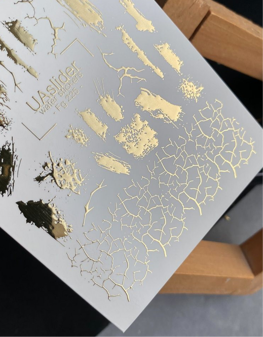 Slider-Design Fg 225 | Wasser-Decals für Nägel | Pinselstriche & Crackle-Effekt in Goldfolie