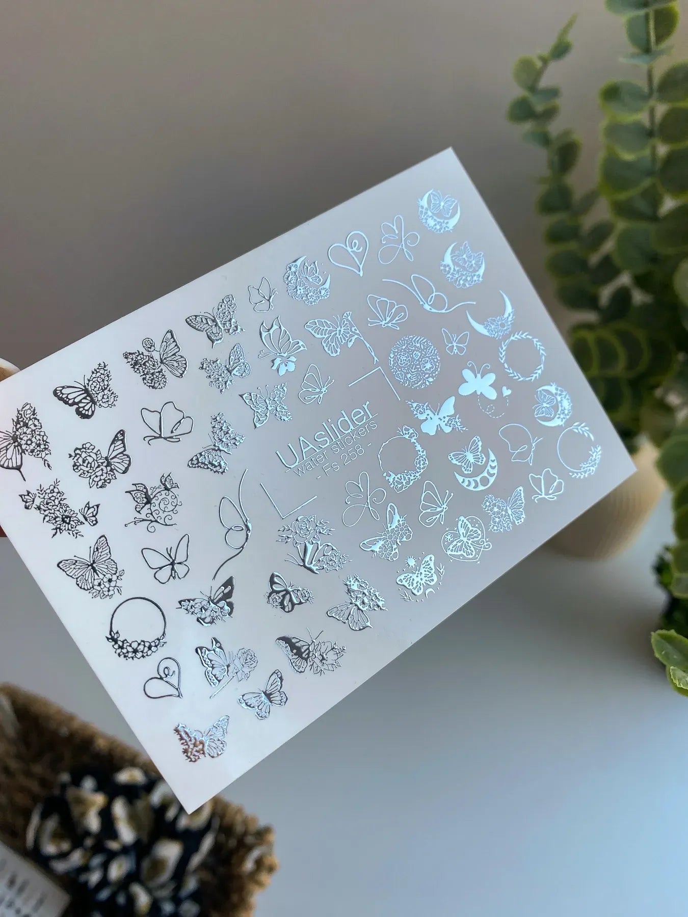 Slider-Design FS 258 | Wasser-Decals mit Silberfolie | Schmetterlinge & filigrane Ornamente