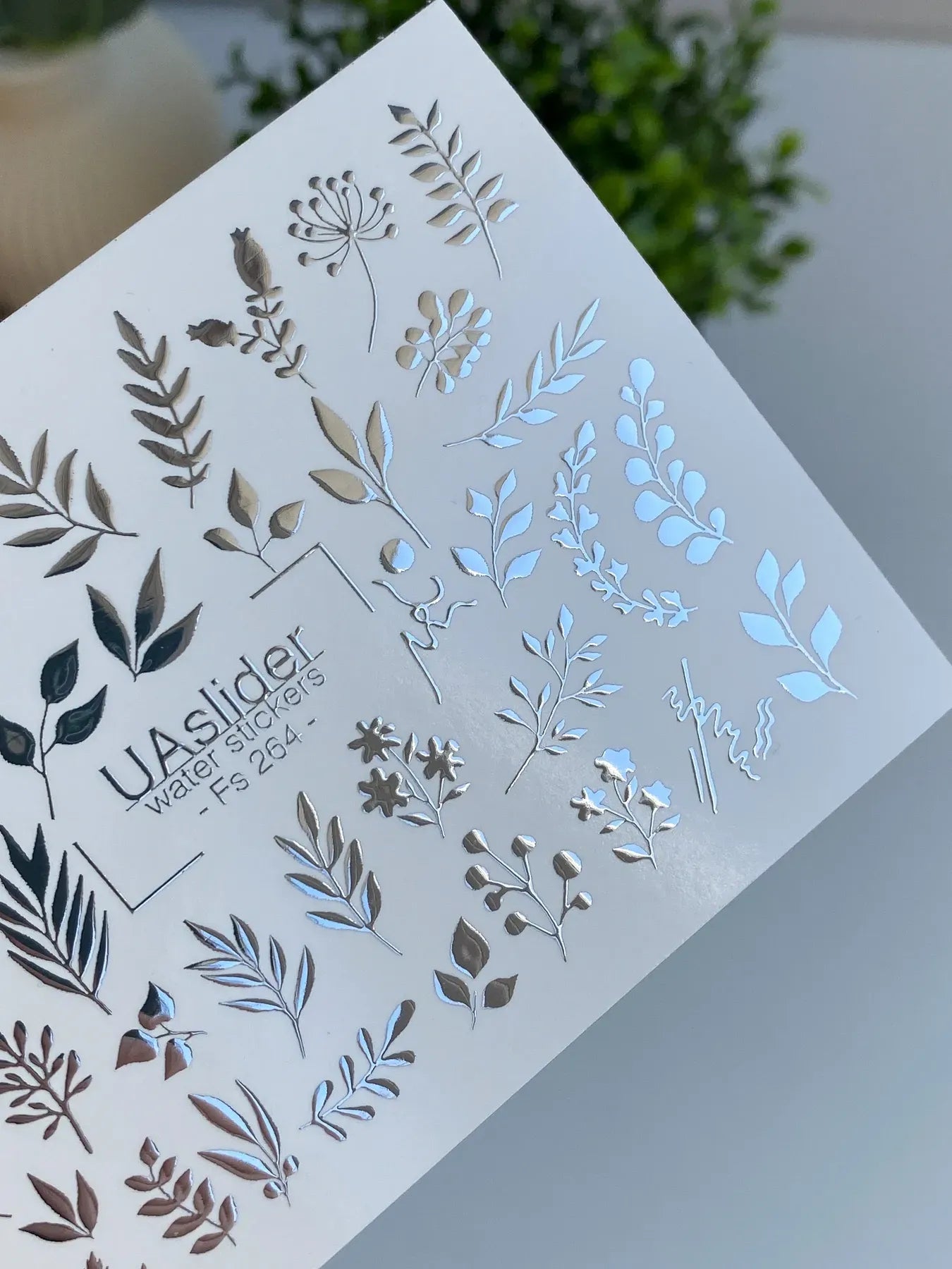 Slider-Design FS 264 | Wasser-Decals mit Silberfolie | Botanische Blätter & Feine Akzente