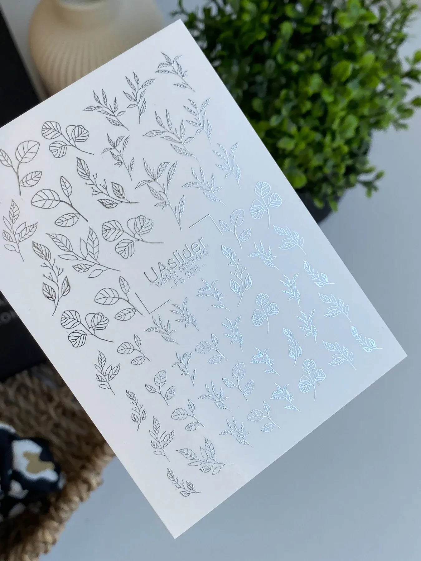 Slider-Design FS 266 | Wasser-Decals mit Silberfolie | Botanische Blätter & Minimal Line Art