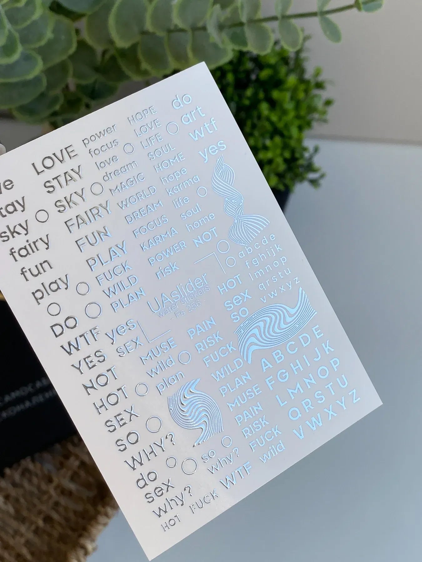 Slider-Design FS 256 | Wasser-Decals mit Silberfolie | Typografie & Statement-Words