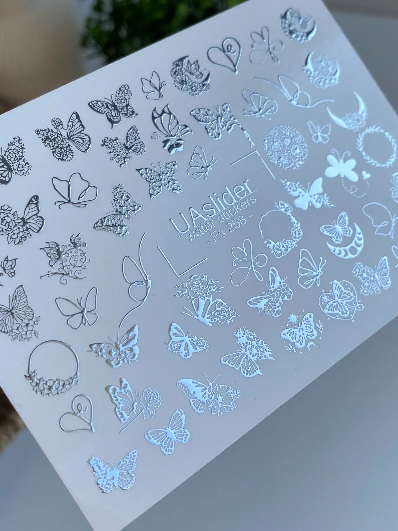 Slider-Design FS 258 | Wasser-Decals mit Silberfolie | Schmetterlinge & filigrane Ornamente