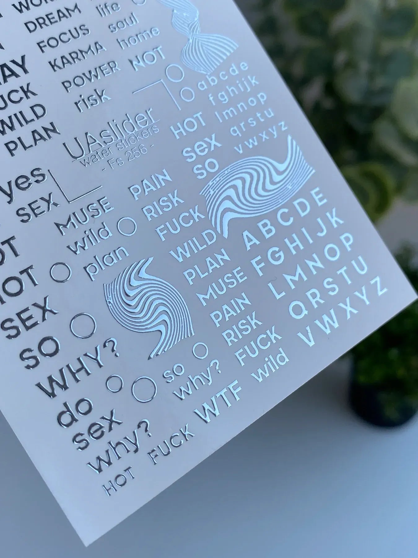 Slider-Design FS 256 | Wasser-Decals mit Silberfolie | Typografie & Statement-Words