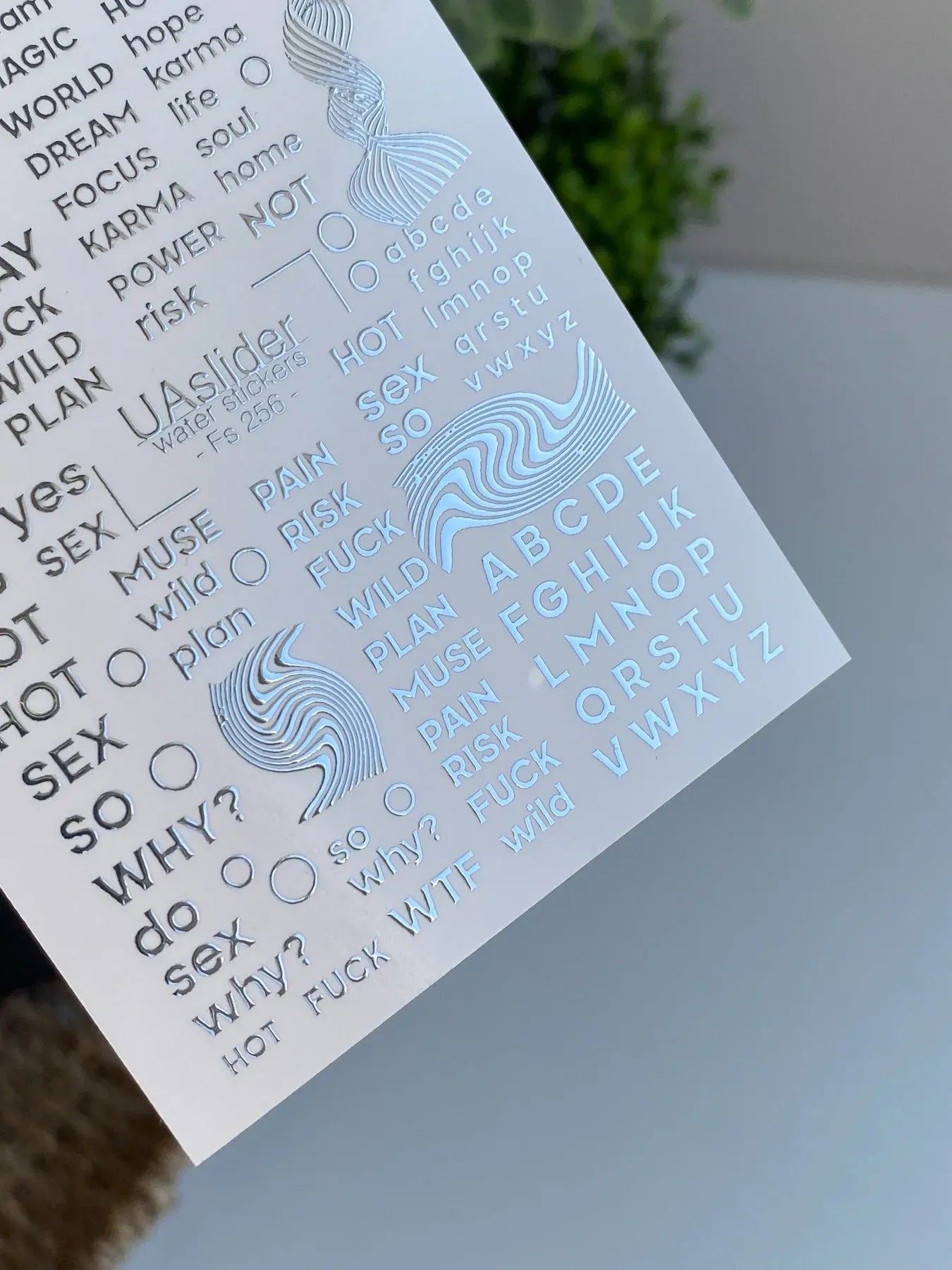 Slider-Design FS 256 | Wasser-Decals mit Silberfolie | Typografie & Statement-Words