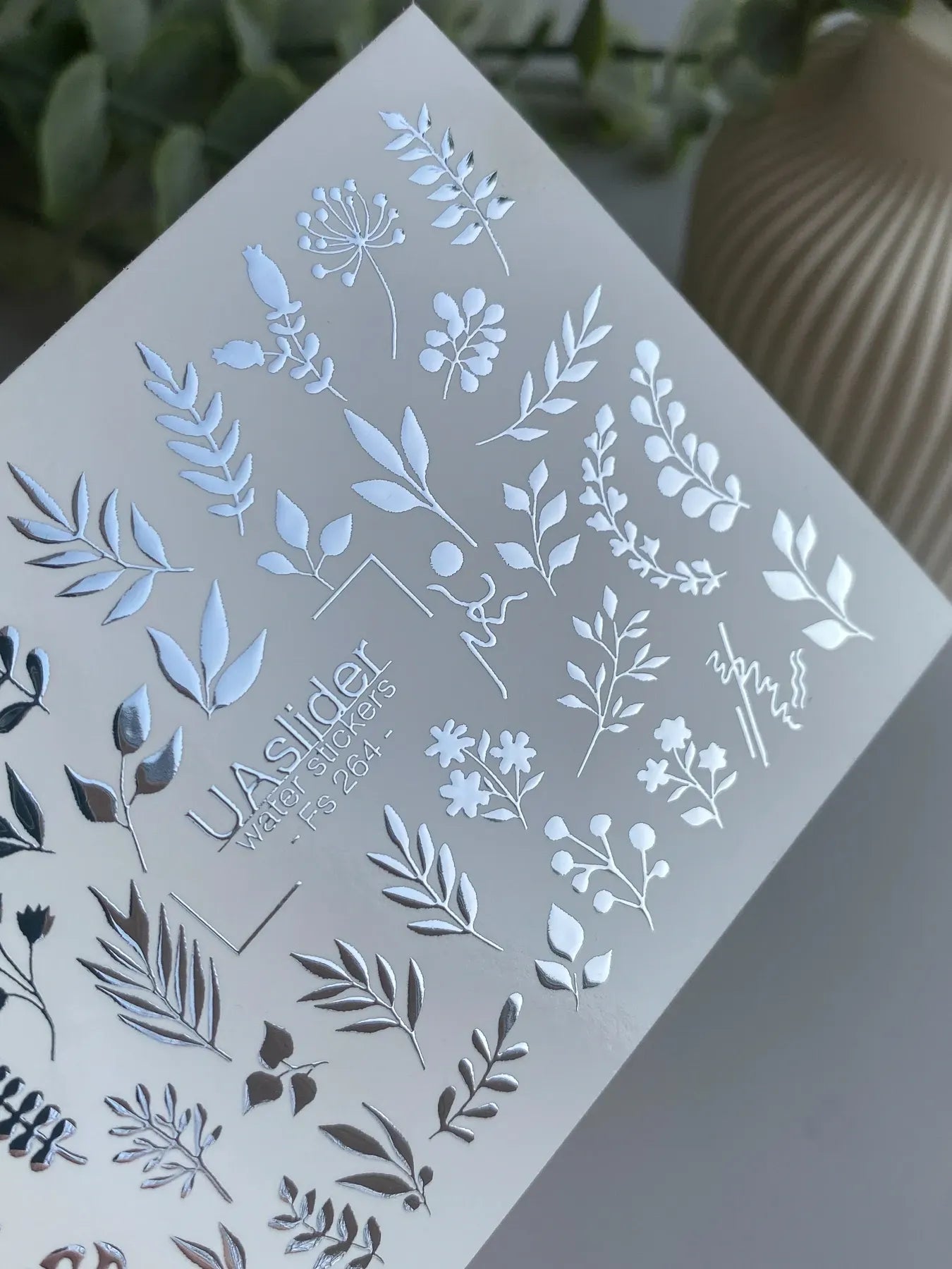 Slider-Design FS 264 | Wasser-Decals mit Silberfolie | Botanische Blätter & Feine Akzente