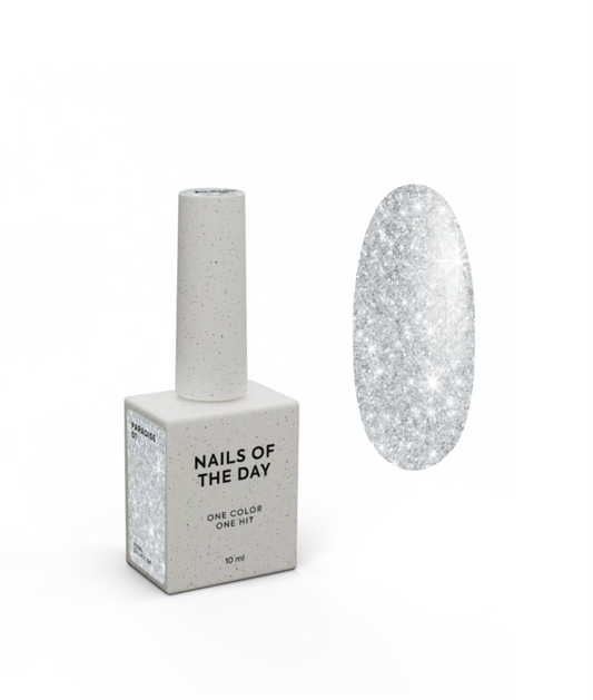 NAILS OF THE DAY – Gel Polish “PARADISE 01”
Farbe: Kristallklar mit intensivem Silber-Glitzer | 10 ml