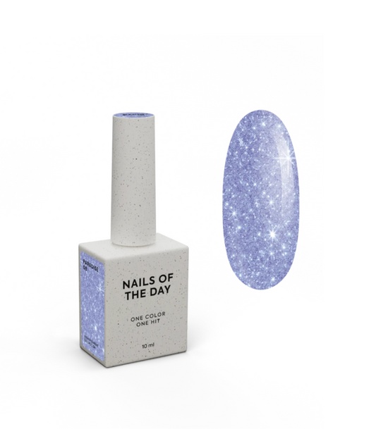 NAILS OF THE DAY – Gel Polish “PARADISE 08”
Farbe: Lavender Blue Glitzer | 10 ml