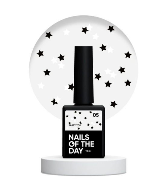 NAILSOFTHEDAY Party Top 05 – Glänzendes Finish mit schwarzen und weißen Sternen (ohne Schwitzschicht), 10 ml