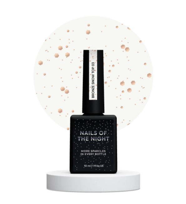 NAILSOFTHENIGHT Bronze Snow Top 03 – Finish mit bronzefarbenen Hexagon-Partikeln, ohne Schwitzschicht, 10 ml