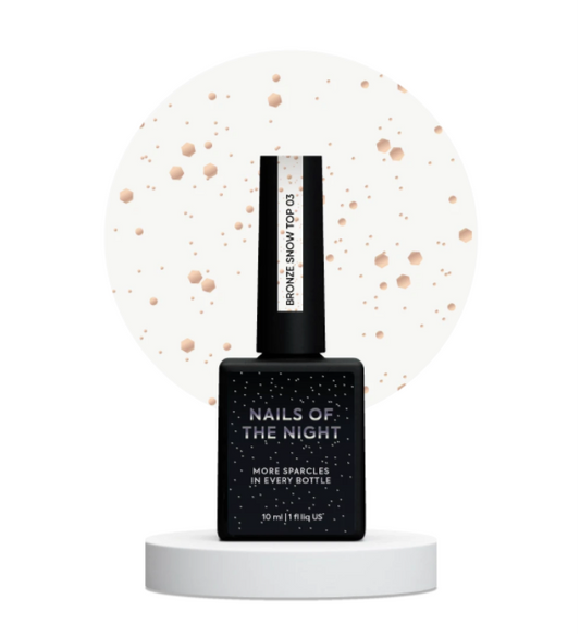 NAILSOFTHENIGHT Bronze Snow Top 03 – Finish mit bronzefarbenen Hexagon-Partikeln, ohne Schwitzschicht, 10 ml