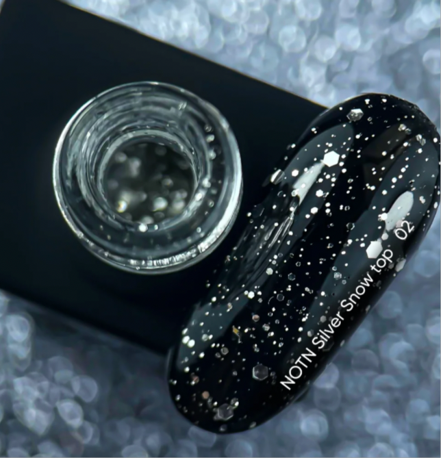 NAILSOFTHENIGHT Silver Snow Top 02 – Finish mit silbernen Hexagon-Partikeln, ohne Schwitzschicht, 10 ml