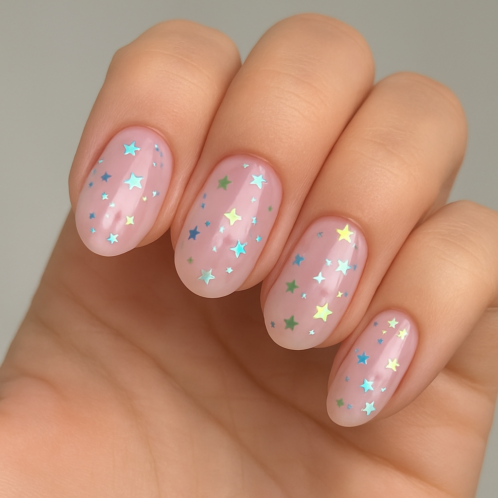 NAILSOFTHEDAY Party Top 04 – Glänzendes Finish mit holografischen Sternen (ohne Schwitzschicht), 10 ml