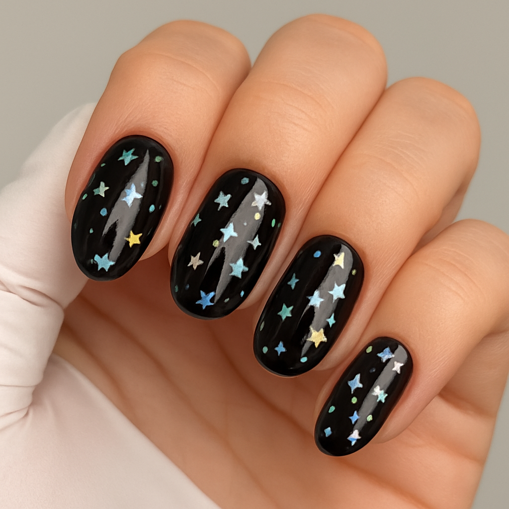 NAILSOFTHEDAY Party Top 04 – Glänzendes Finish mit holografischen Sternen (ohne Schwitzschicht), 10 ml
