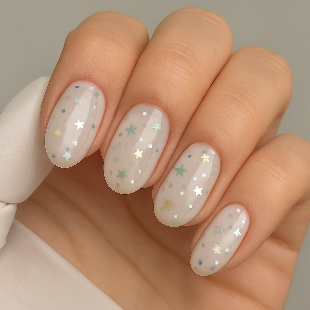 NAILSOFTHEDAY Party Top 04 – Glänzendes Finish mit holografischen Sternen (ohne Schwitzschicht), 10 ml