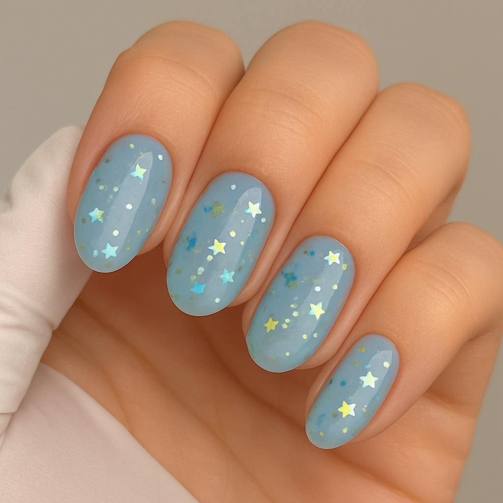 NAILSOFTHEDAY Party Top 04 – Glänzendes Finish mit holografischen Sternen (ohne Schwitzschicht), 10 ml