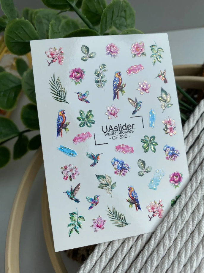 Slider-Design CF 520 | Wasser-Decals mit Foil-Effekt | Tropical Birds & Flowers