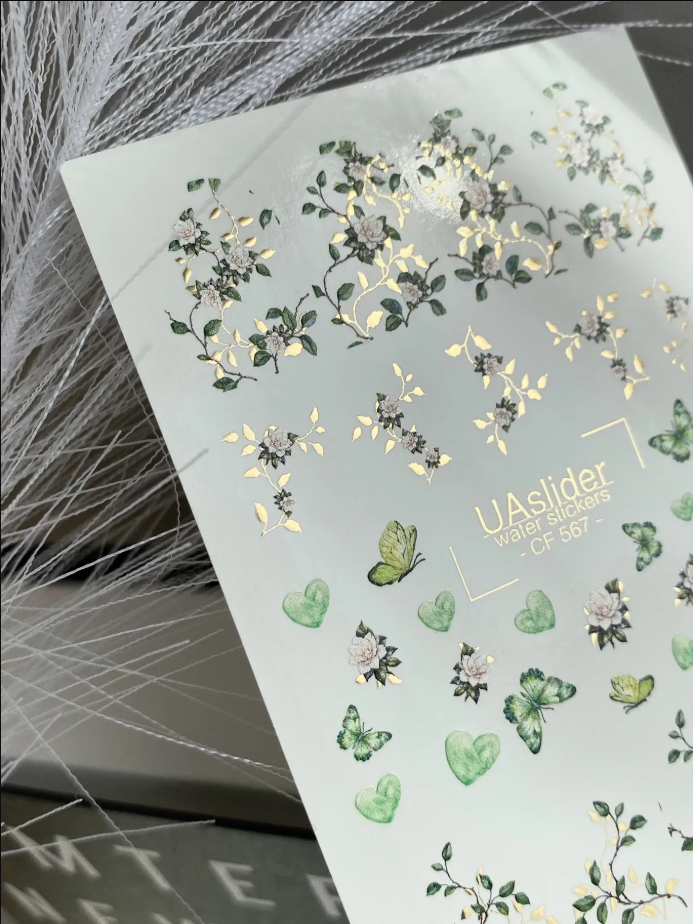 Slider-Design CF 567 | Wasser-Decals mit Goldfolie | Green Botanical & Butterflies