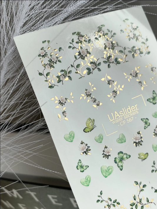 Slider-Design CF 567 | Wasser-Decals mit Goldfolie | Green Botanical & Butterflies