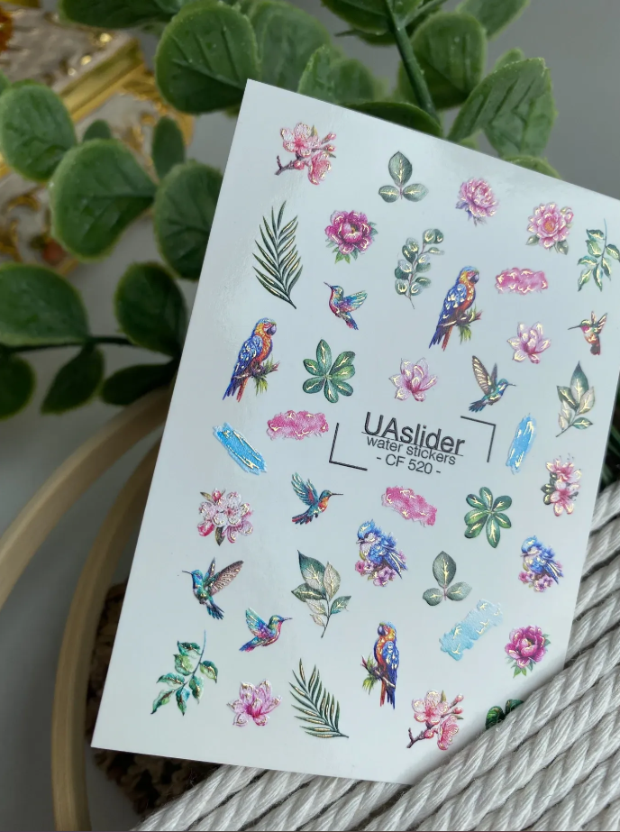 Slider-Design CF 520 | Wasser-Decals mit Foil-Effekt | Tropical Birds & Flowers