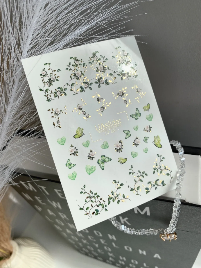 Slider-Design CF 567 | Wasser-Decals mit Goldfolie | Green Botanical & Butterflies