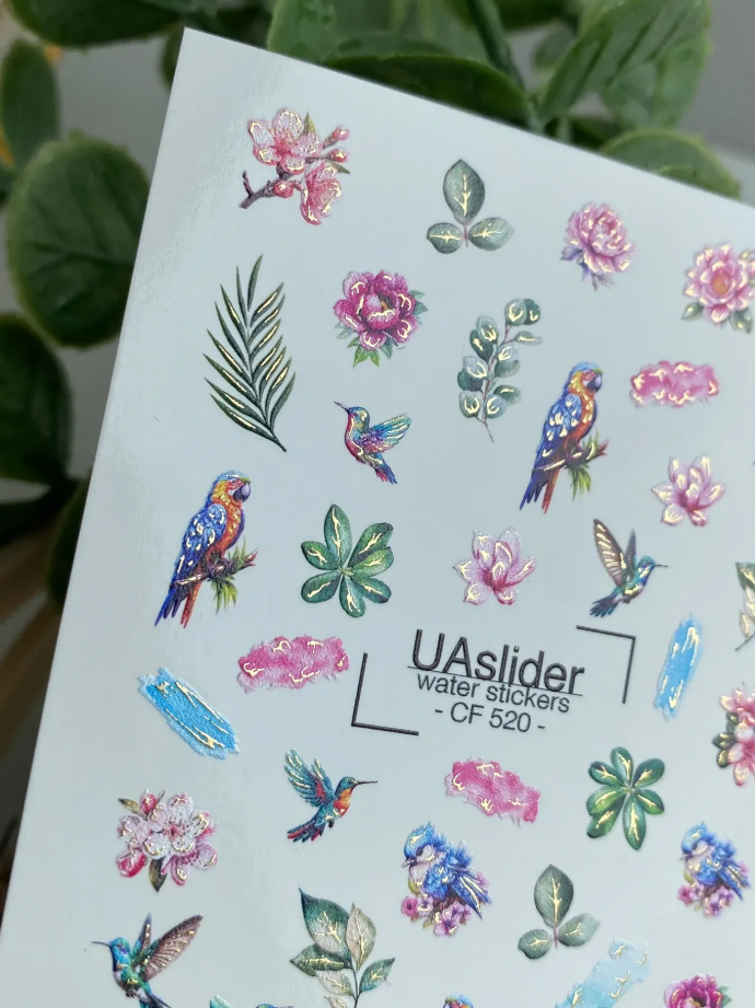 Slider-Design CF 520 | Wasser-Decals mit Foil-Effekt | Tropical Birds & Flowers
