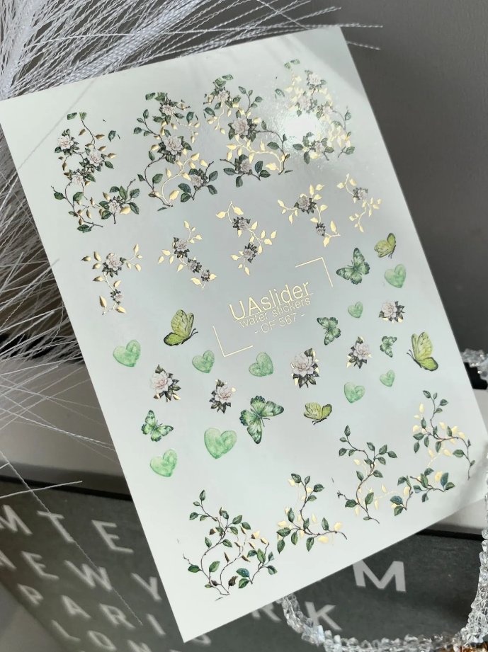Slider-Design CF 567 | Wasser-Decals mit Goldfolie | Green Botanical & Butterflies
