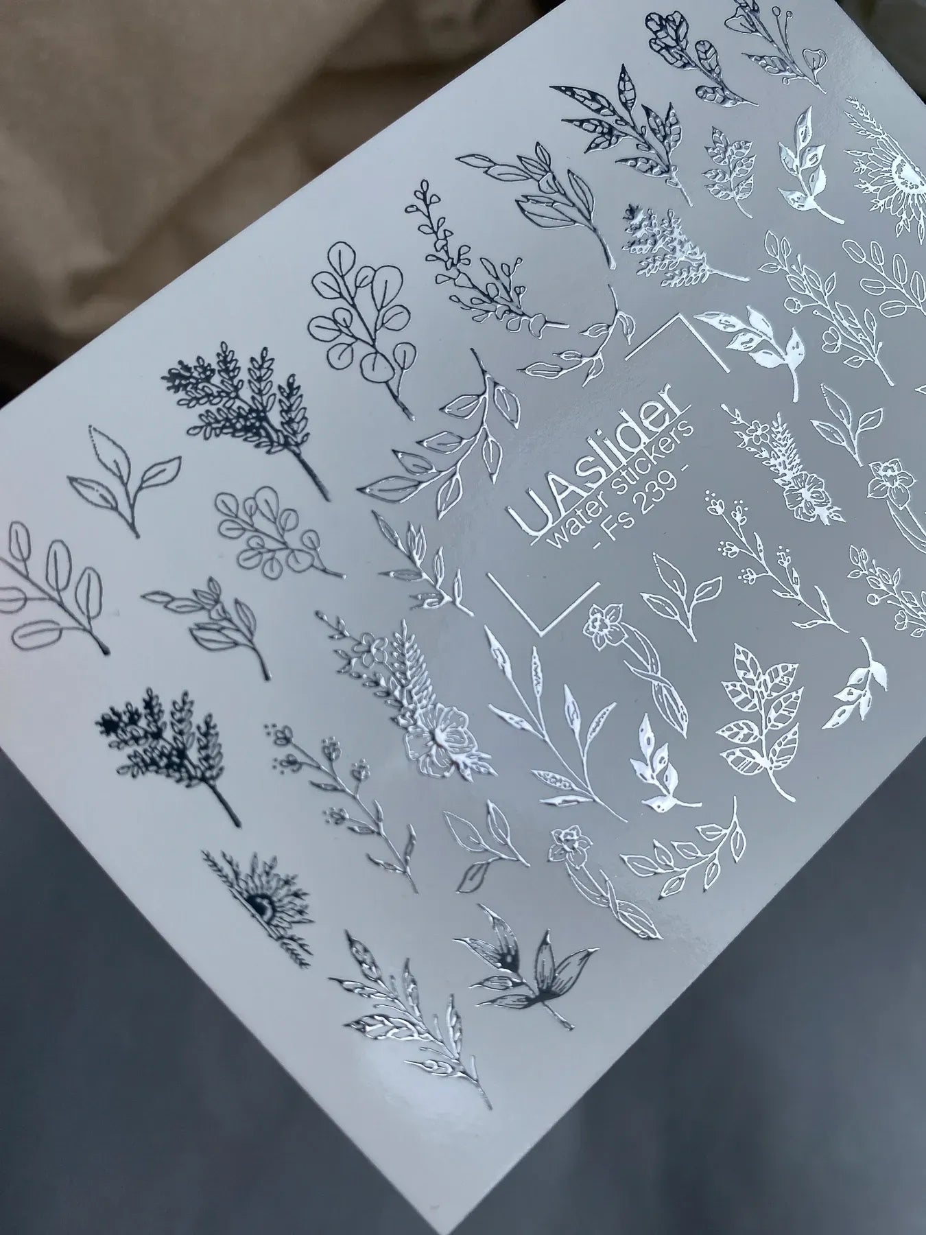 Slider-Design FS 239 | Water Stickers mit Silberfolie | Botanical Minimal