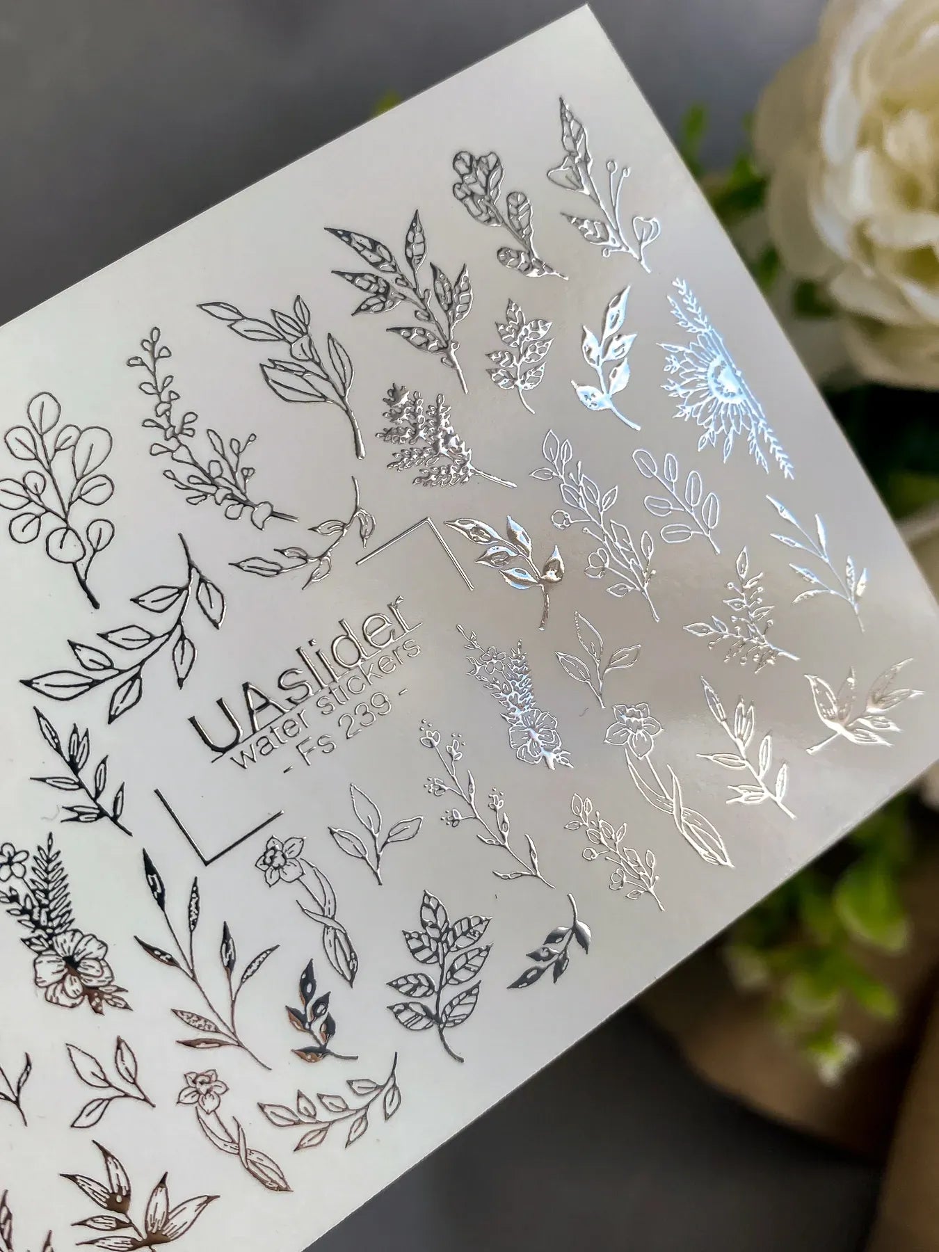 Slider-Design FS 239 | Water Stickers mit Silberfolie | Botanical Minimal